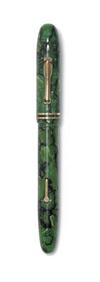 1930s Conklin Endura Symetrik green marbled celluloid fountain pen and mechanical pencil set.